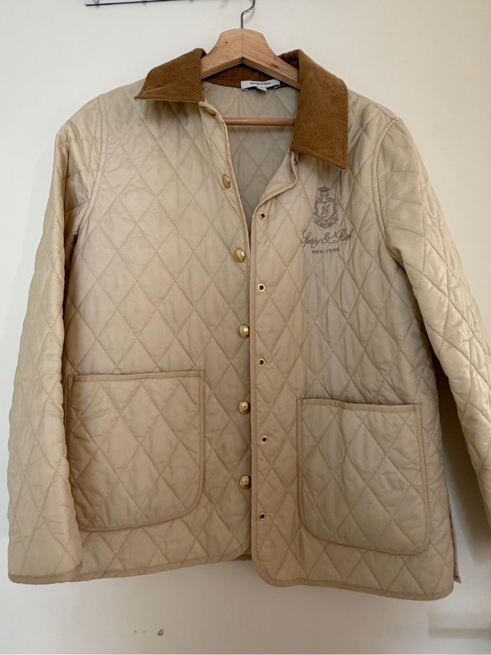 Sporty & Rich Cream Vendome Quilted Jacket with Brown Corduroy Collar